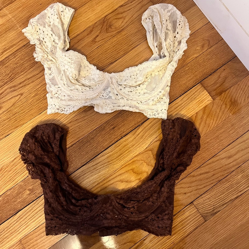 Lace Bralette Set in Cream and Brown